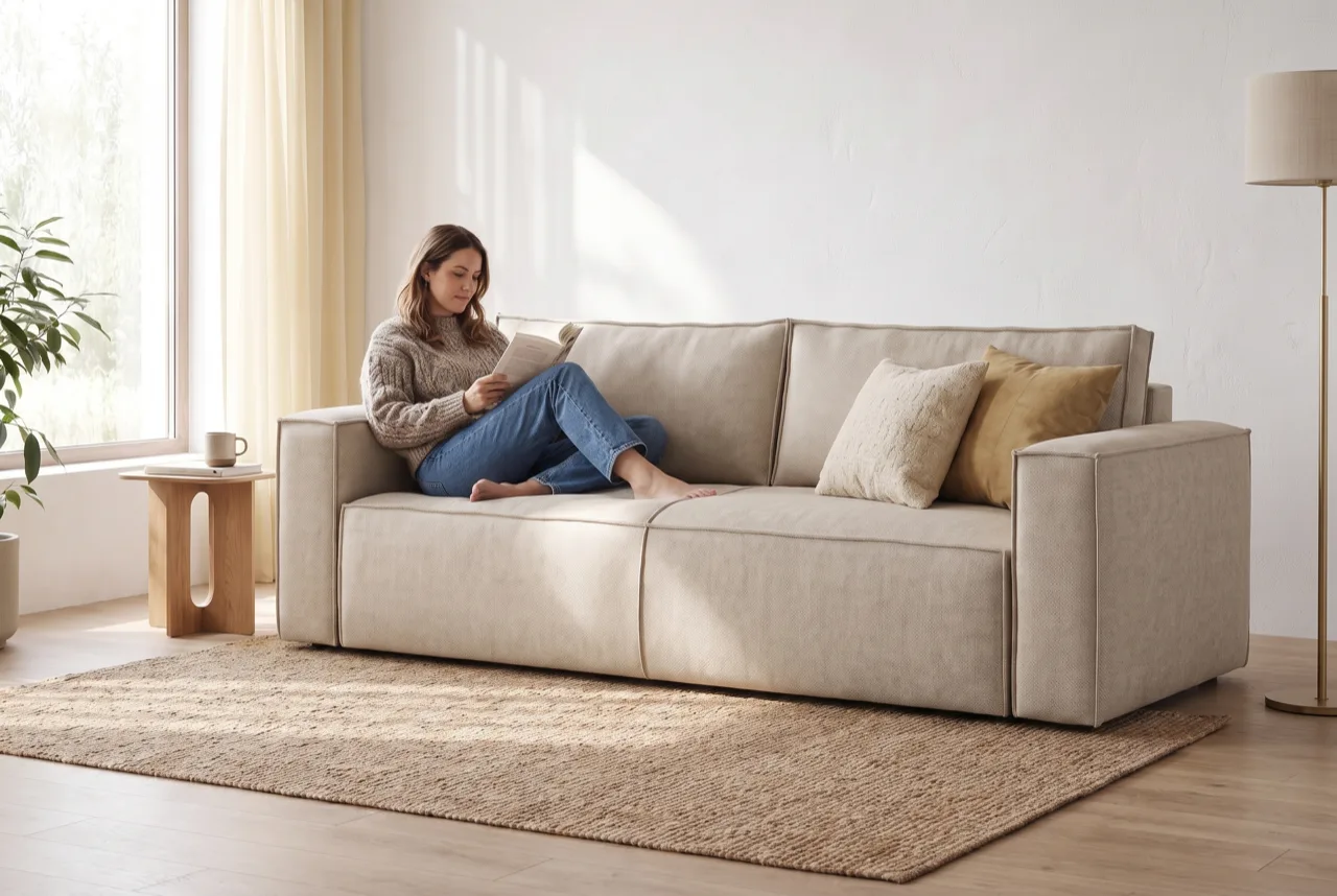 Kvinde sidder afslappet med benene trukket op i en DANDY sofa
