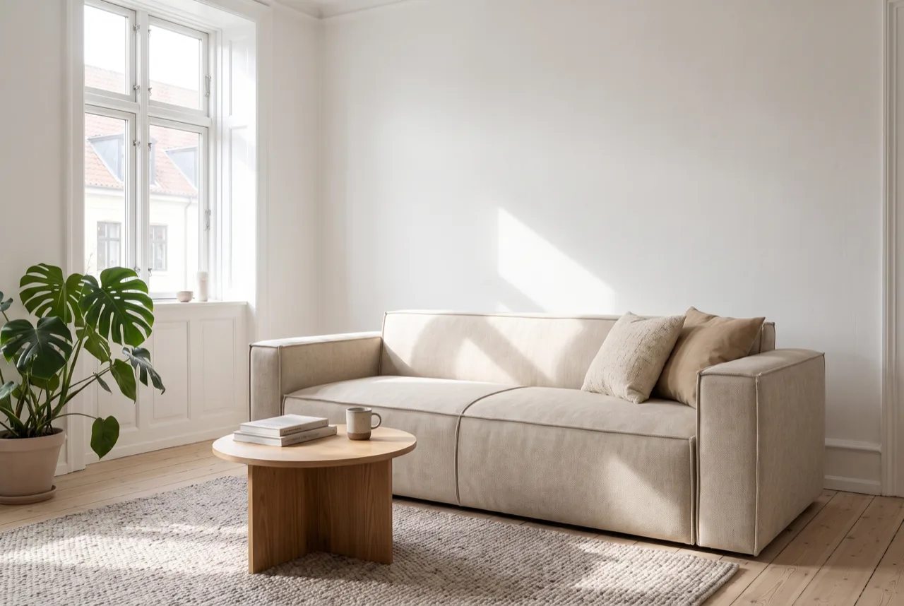 Lav sofa i lille stue hvor lyset passerer over ryglænet