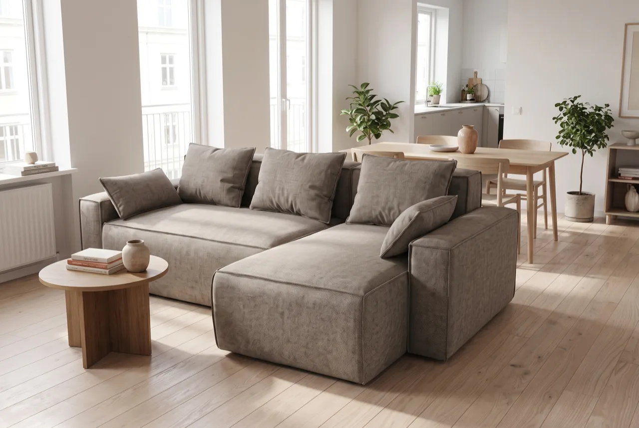 Lille stue med sofa placeret med frit gangareal og korrekt afstand til sofabord